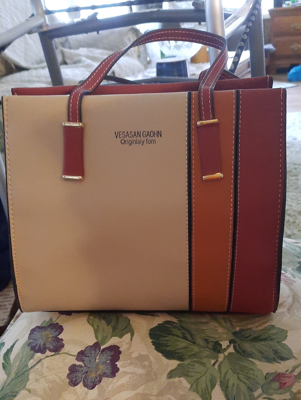 Beige and Red Colorblock Tote~10x9x5